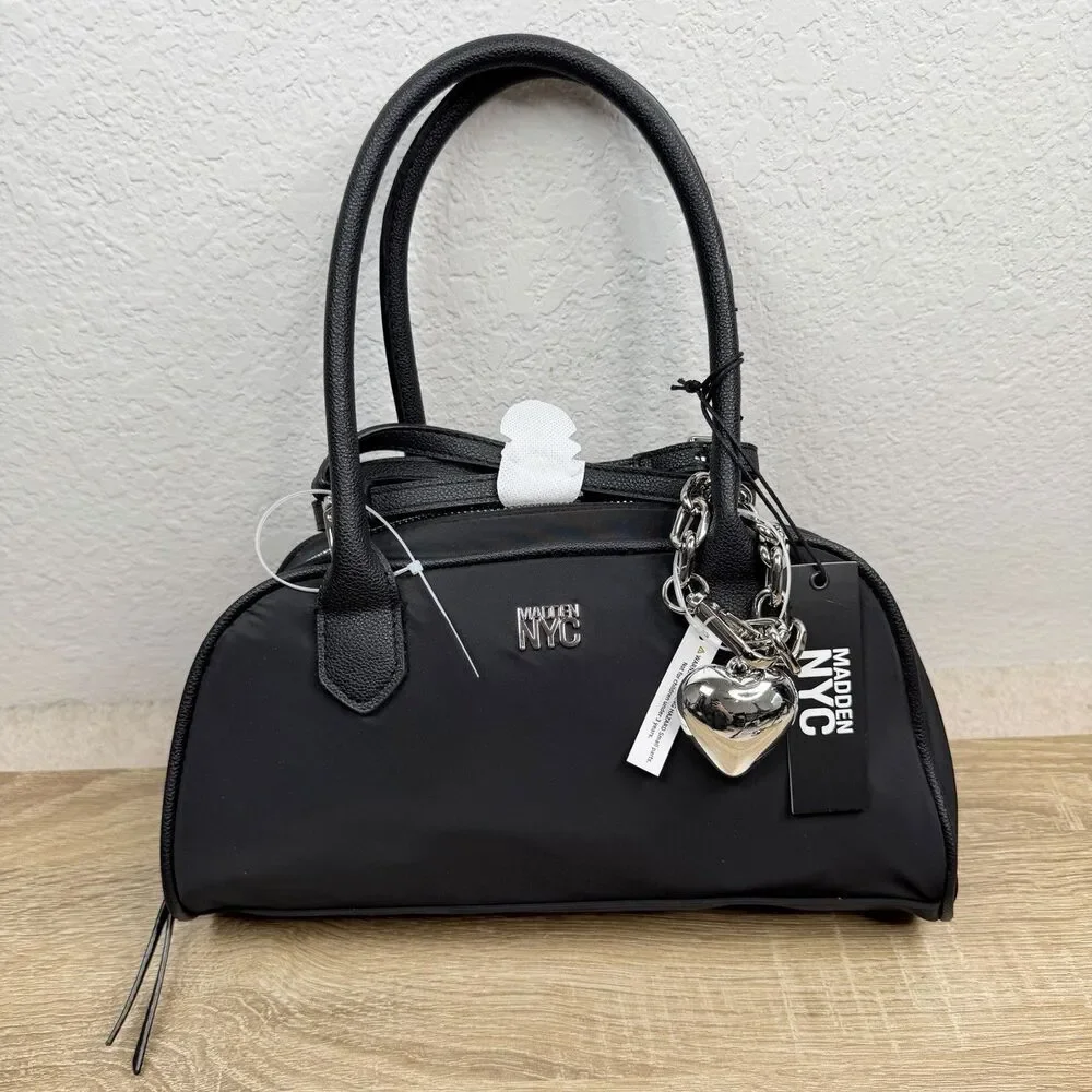 Madden NYC East West Bowler Bag Black Nylon Crossbody Shoulder Bag Heart Charm